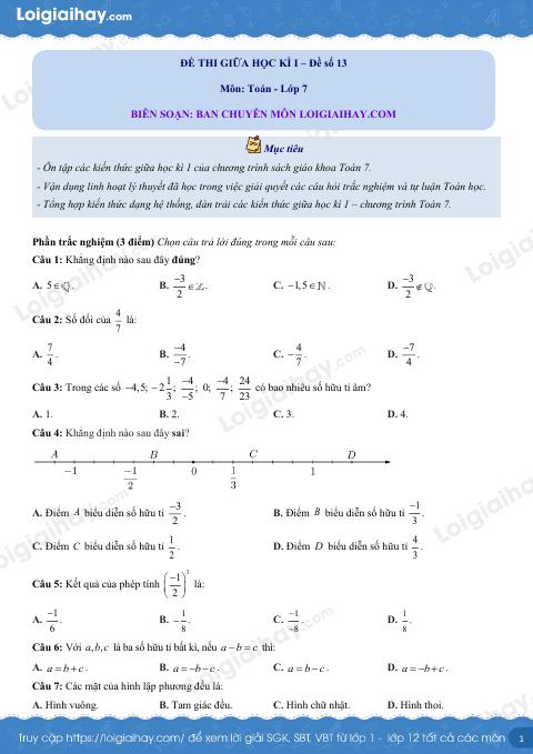 Đề thi giữa kì 1 Toán 7 - Đề số 13